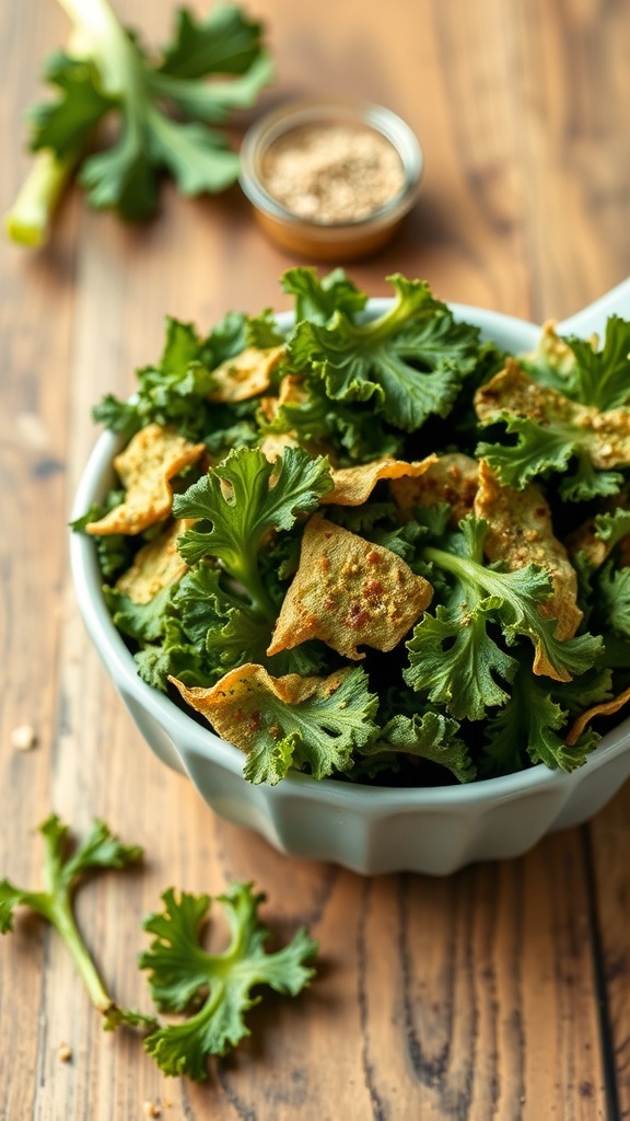 A bowl of crispy kale chips on a wooden table, with fresh kale and seasoning in the background.